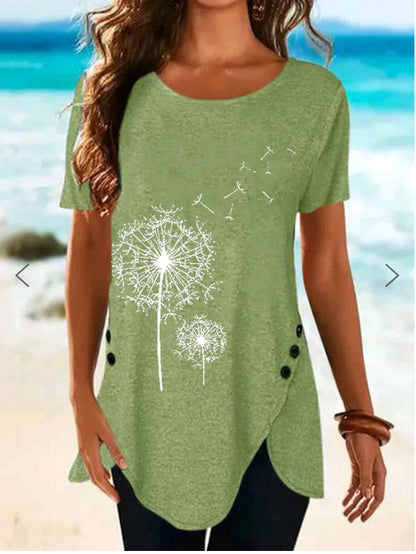 Damen Kurzarmshirt mit asymmetrischem Saum und Dandelion-Print Stalluxe