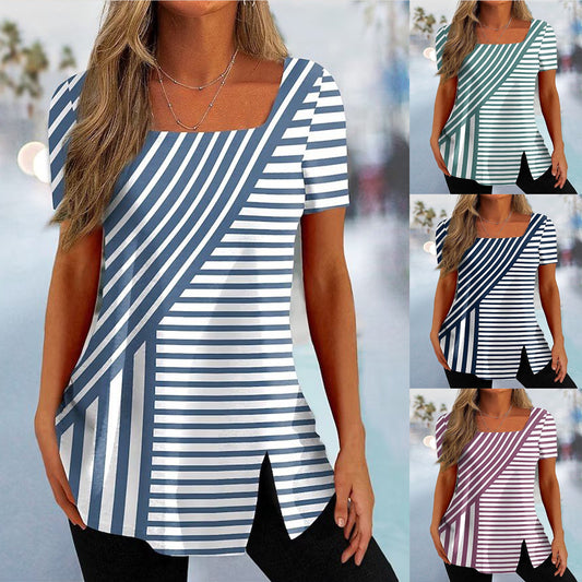 Damen modisches Kurzarmshirt mit asymmetrischem Streifenmuster Stalluxe