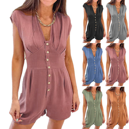 Damen kurzer Jumpsuit mit knopfverweiterndem Oberteil und ausgestelltem Schnitt Stalluxe