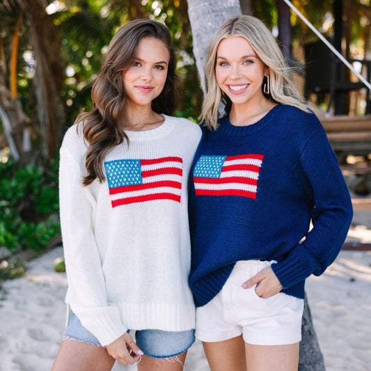 Damen trendiger Pullover mit USA-Flaggenstickerei aus luftiger Baumwolle Stalluxe