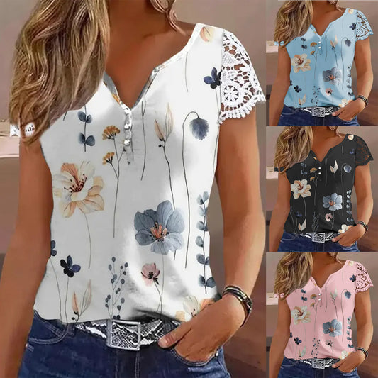 Damen Kurzarmbluse mit Spitze und floralen Akzenten Stalluxe