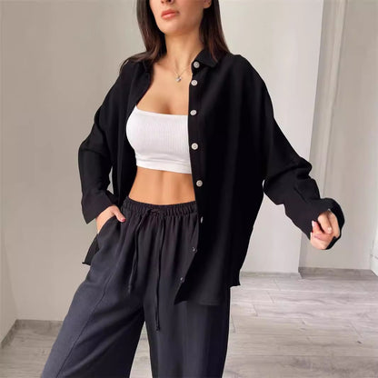 Damen Lässiger Zweiteiler aus leichtem Mischgewebe mit weiter Bluse und bequemen Hose Stalluxe