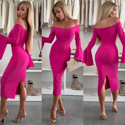 Damen Figurbetontes Kleid mit schulterfreien Ärmeln und ausgestellten Manschetten Stalluxe