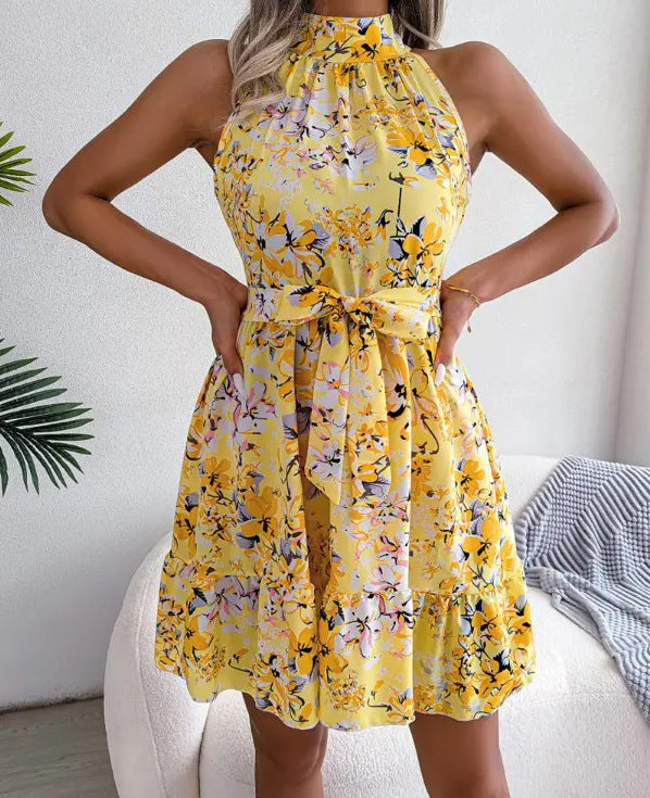 Damen ärmelloses Blumenkleid mit Rüschen und hochgeschlossenem Design Stalluxe