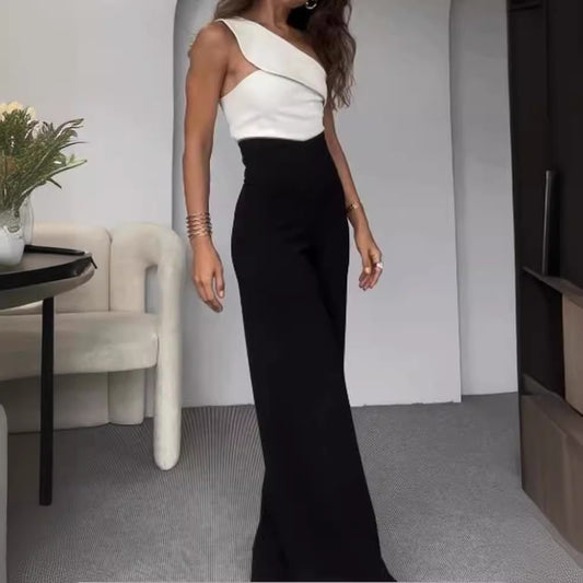 Damen Einseitiger Jumpsuit mit weitem Bein und dekorativem Ausschnitt Stalluxe