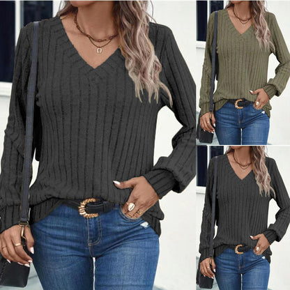 Damen V-Ausschnitt Rippstrickpullover mit langem Arm Stalluxe