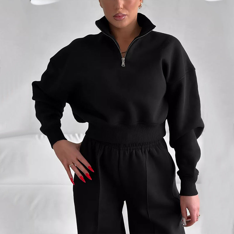 Damen sportliches Crop-Pullover-Set mit hohem Kragen und elastischem Bund Stalluxe