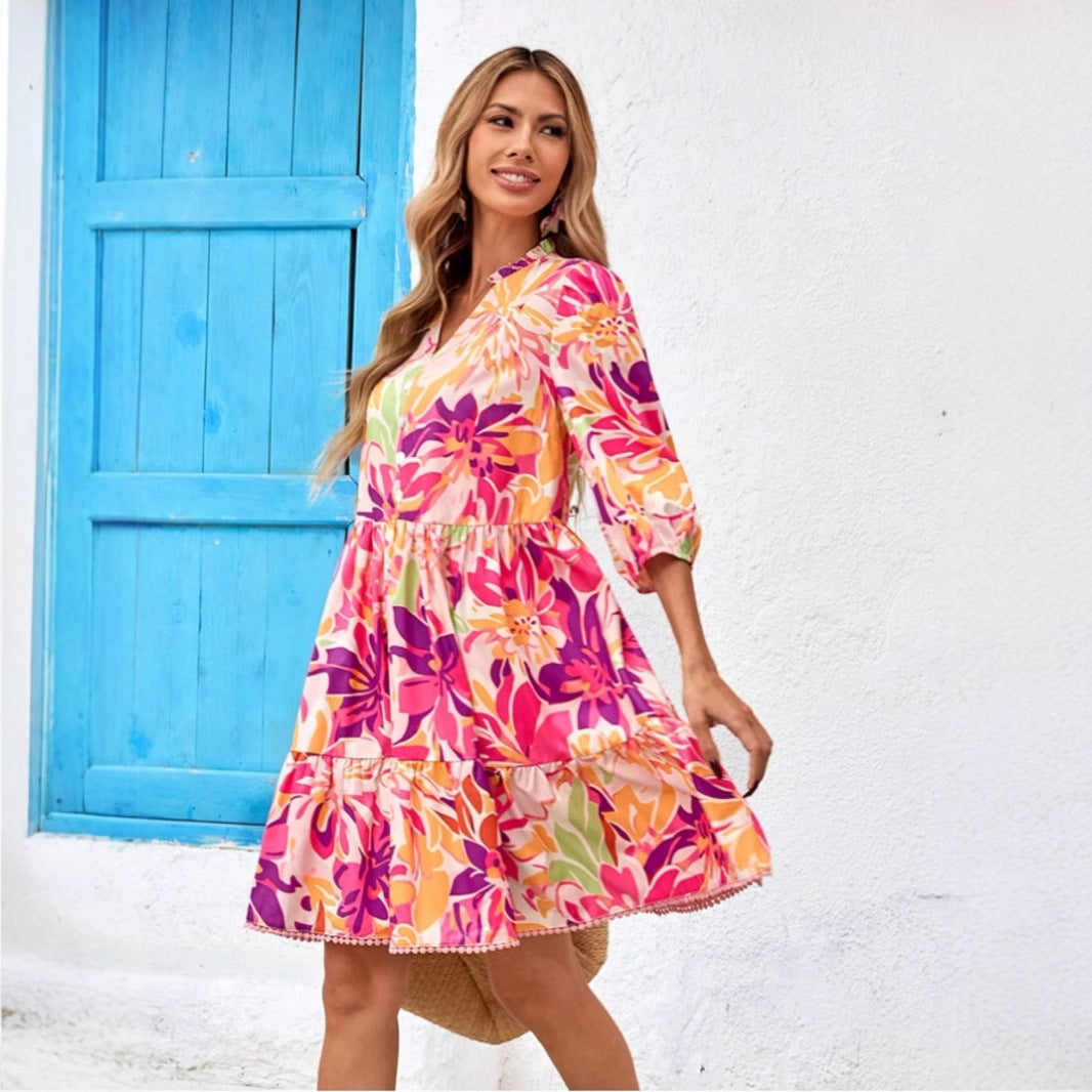Damen Blusenkleid mit floralen Prints und voluminösen Ärmeln Stalluxe