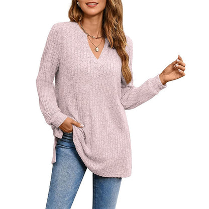 Women's Ribbed V-Neck Tunic Sweater Stalluxe