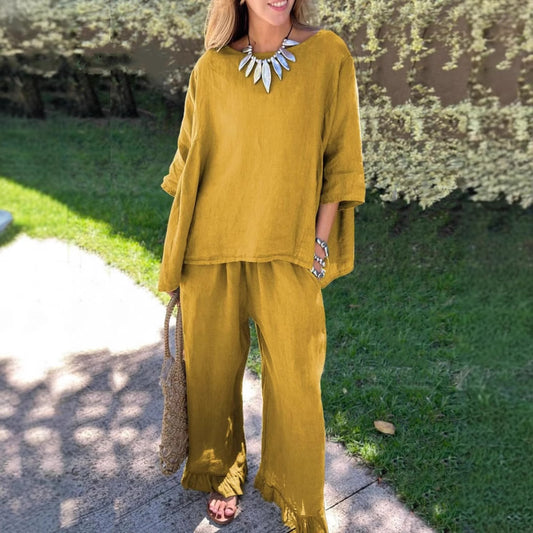 Damen lässiges Leinen-Outfit mit weitem Schnitt und angeschnittenen Ärmeln Stalluxe
