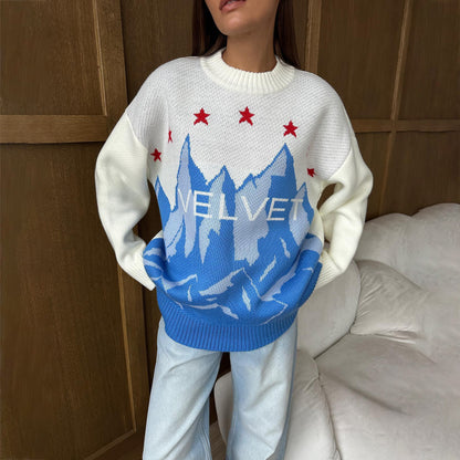 Damen Großer Strickpullover mit grafischem Bergdesign und stylischen Sternen Stalluxe