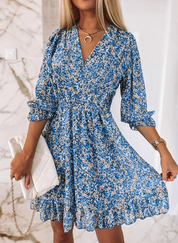 Damen Blümchen-Minikleid mit V-Ausschnitt und Rüschendetails Stalluxe