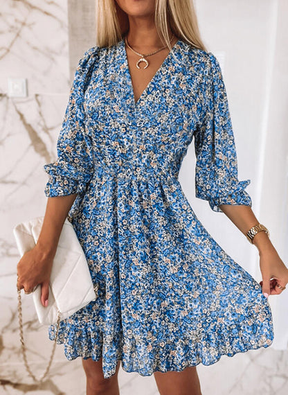 Damen Blümchen-Minikleid mit V-Ausschnitt und Rüschendetails Stalluxe