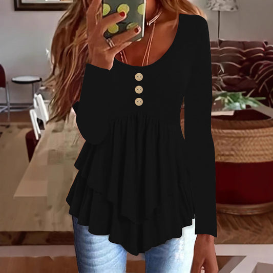 Damen Langarm Blusenshirt mit mehrlagigem Design und dekorativen Knopfdetails Stalluxe