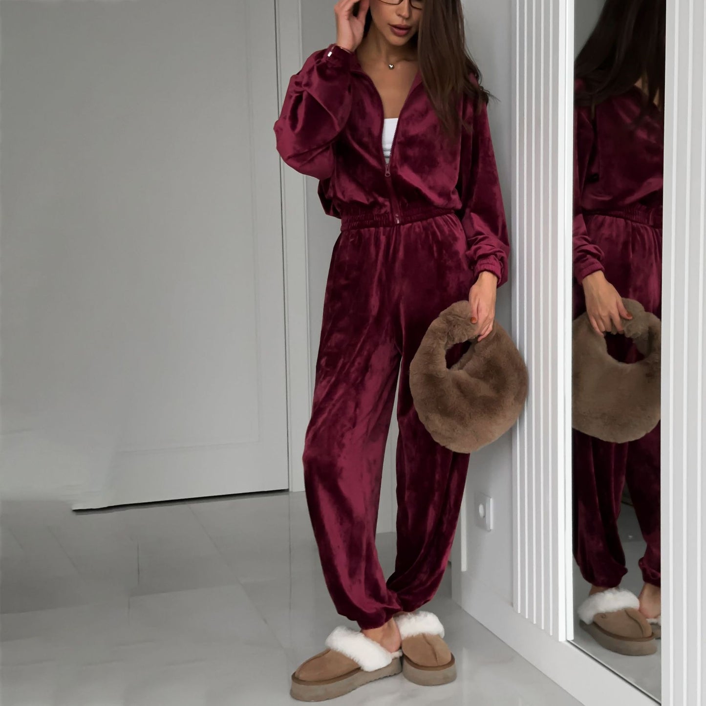 Damen kuscheliger Freizeitanzug Stalluxe Weinrot