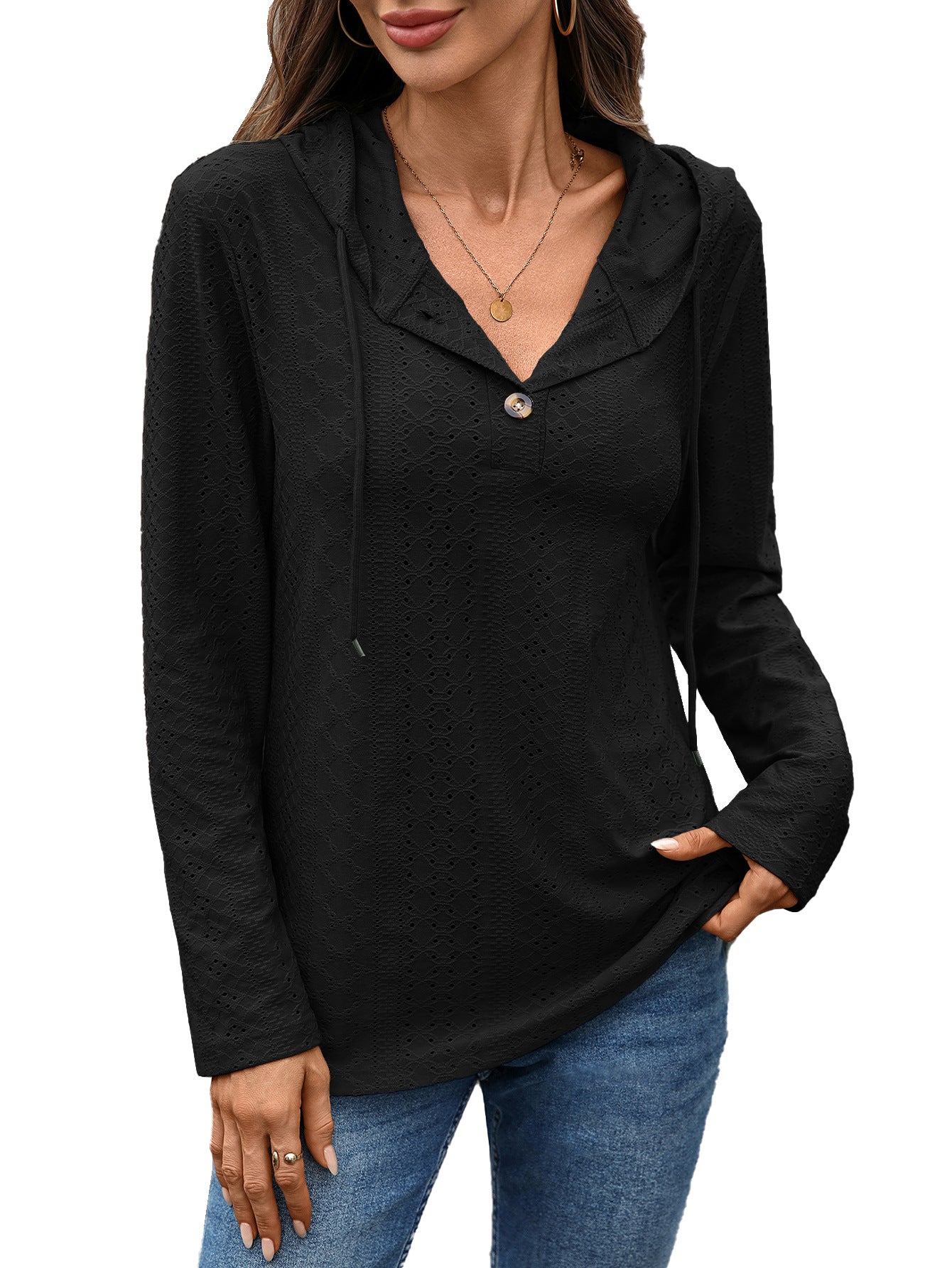 Damen Blusenshirt mit feinem Lochmuster und Kapuze Stalluxe
