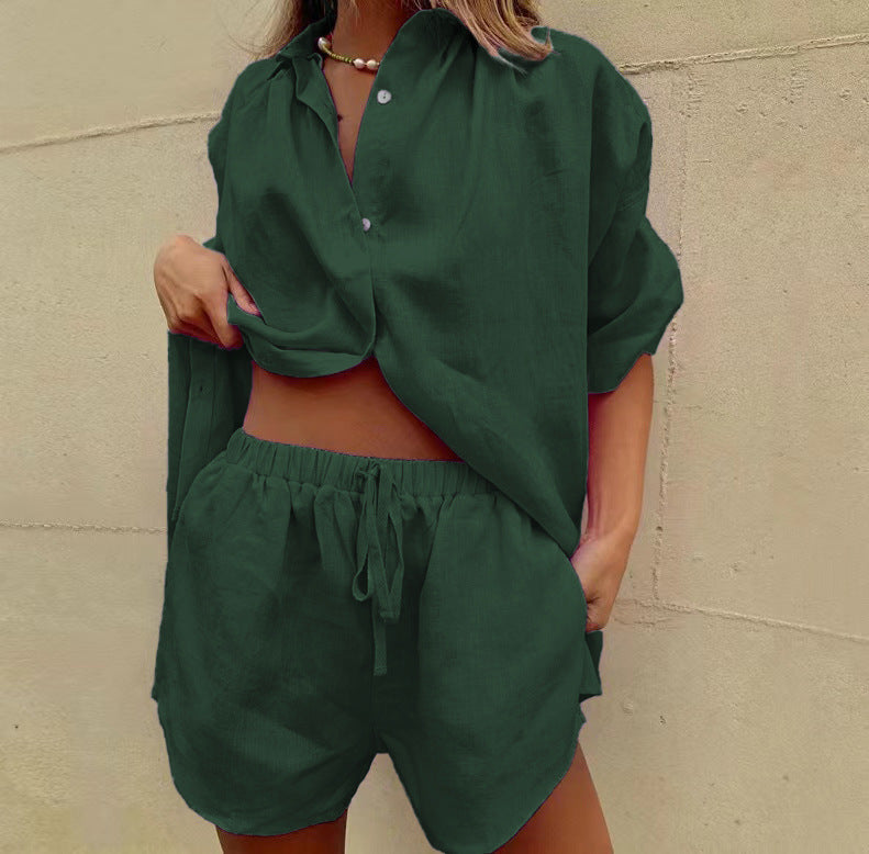 Damen lässiges Leinen-Set mit oversized Hemd und kurzen Hosen Stalluxe