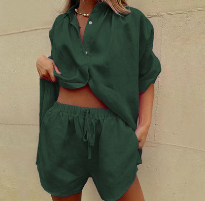 Damen lässiges Leinen-Set mit oversized Hemd und kurzen Hosen Stalluxe