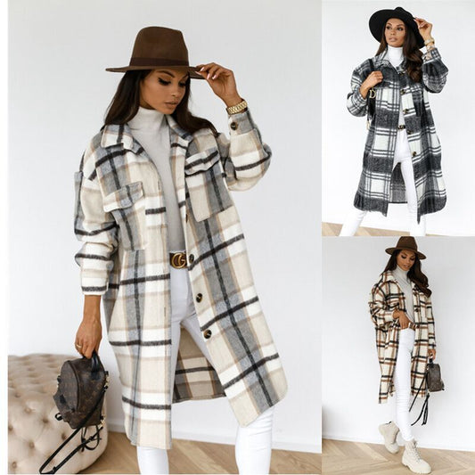 Damen Karierter Wollmantel mit Knopfdetails und praktischen Taschen Stalluxe