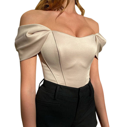 Damen Satin Off-Shoulder Korsett Bodysuit Stalluxe