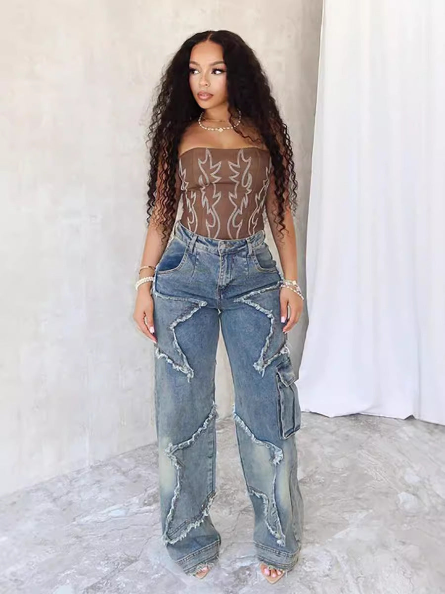 Damen Baggy-Jeans mit asymmetrischem Design und auffälligen Ziernähten Stalluxe