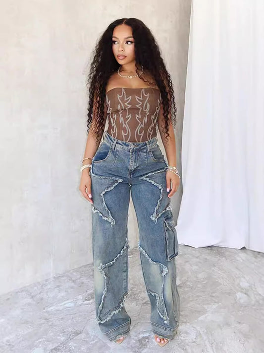 Damen Baggy-Jeans mit asymmetrischem Design und auffälligen Ziernähten Stalluxe