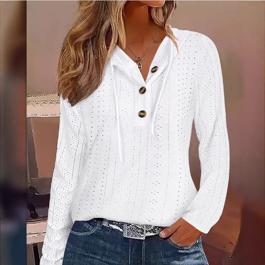 Damen lässiges Hoodie-Oberteil mit Knopfleiste und modernem Lochmuster Stalluxe