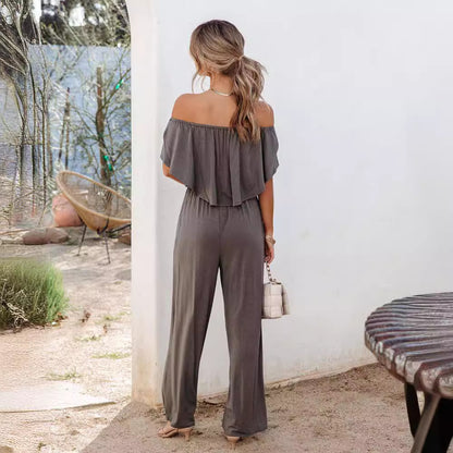 Damen Off-Shoulder Jumpsuit mit weitem Bein und elastischem Bund Stalluxe