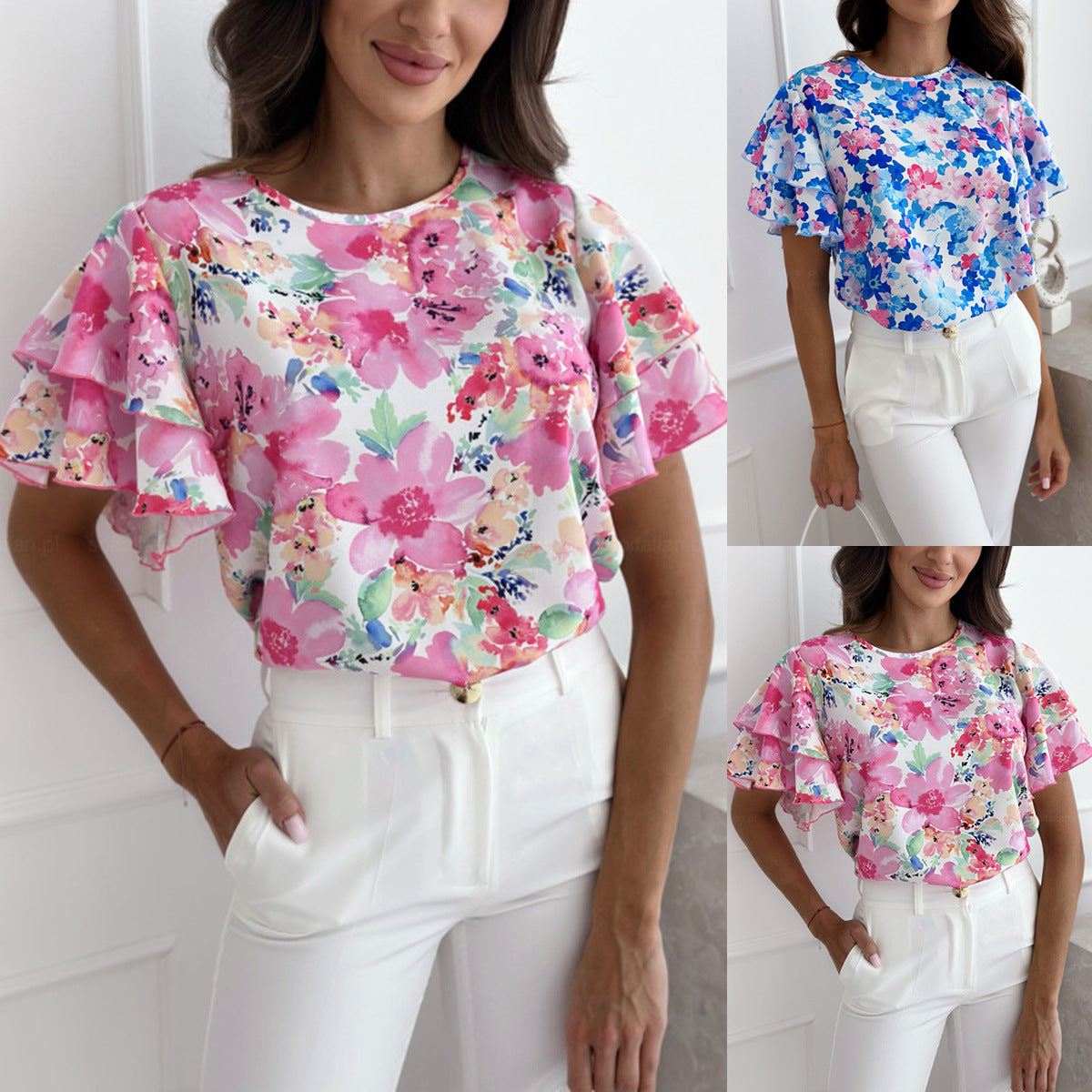 Damen Bluse mit voluminösen Rüschensäumen und floralem Druck Stalluxe