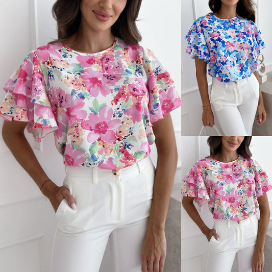 Damen Bluse mit voluminösen Rüschensäumen und floralem Druck Stalluxe