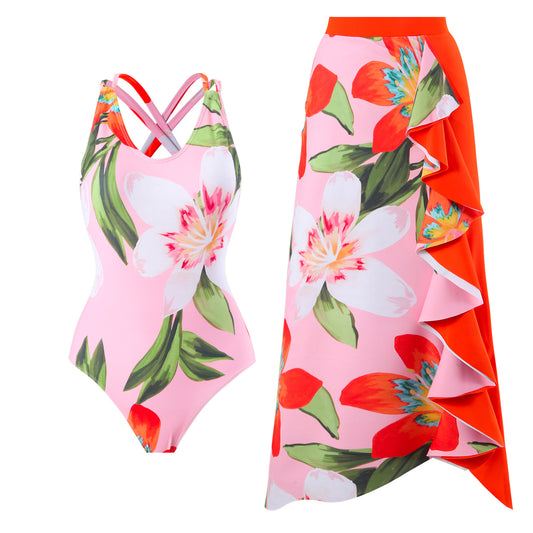 Damen Badeanzug mit kreativem Floral-Design und elegantem Wickelrock Stalluxe