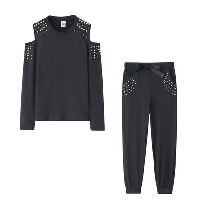 Damen Freizeit-Loungewear-Set mit dekorativen Nieten und besonderen Schulterdetails Stalluxe