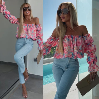 Damen Off-Shoulder Bluse mit voluminösen Ärmeln und floralem Design Stalluxe Rot