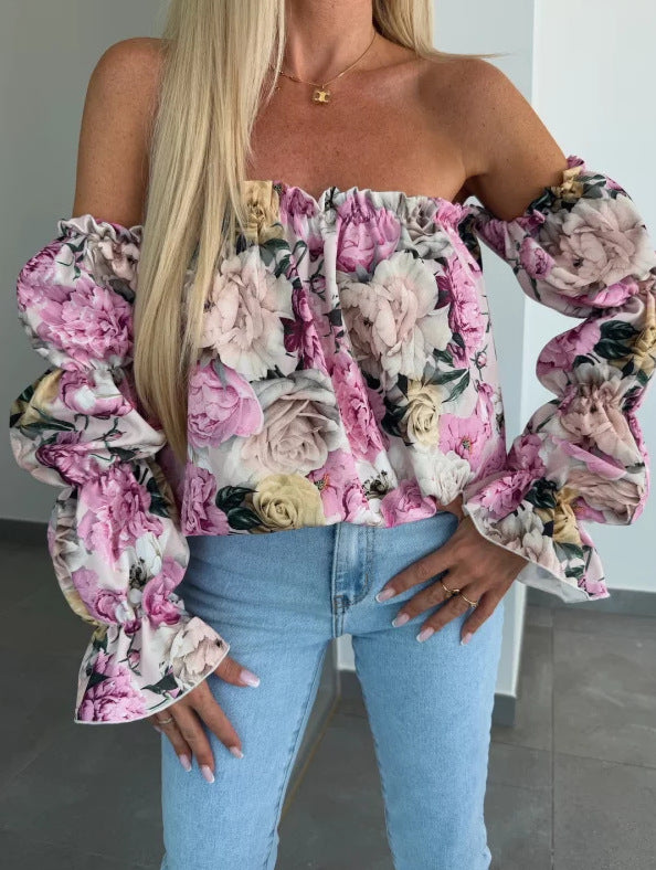 Damen Bluse mit schulterfreiem Schnitt und Volantärmeln Stalluxe