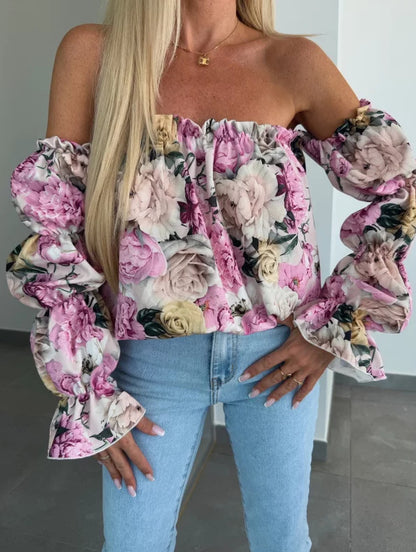 Damen Bluse mit schulterfreiem Schnitt und Volantärmeln Stalluxe