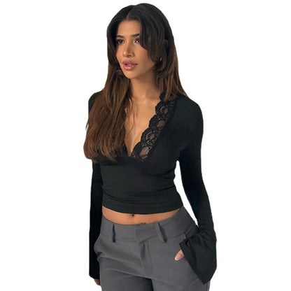 Damen Elegantes Longsleeve Oberteil mit tiefem V-Ausschnitt und Spitzenakzenten Stalluxe