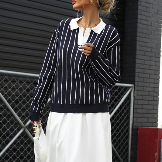 Damen knit Pullover mit eleganter Kragen und Streifenmuster Stalluxe
