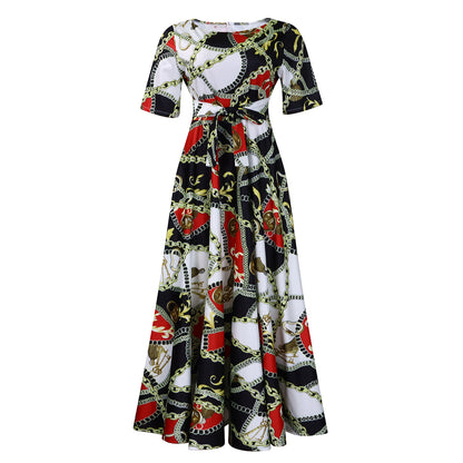Damen Maxikleid mit modischem Grafikdruck und tailliertem Gürtel Stalluxe