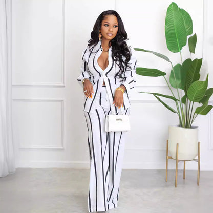 Damen Elegantes gestreiftes Set mit Bluse und Palazzo-Hose Stalluxe