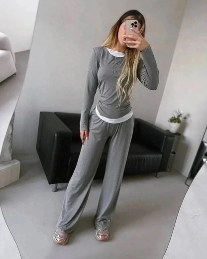 Damen gemütlicher Lounge-Anzug mit elegantem Kragen und weitem Bein Stalluxe