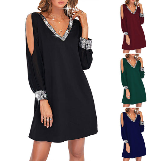 Damen Elegantes Kleid mit schimmernden Akzenten und tiefem V-Ausschnitt Stalluxe