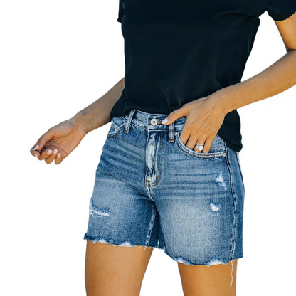 Damen modische Denim-Shorts im Used-Look mitFransenabschluss Stalluxe
