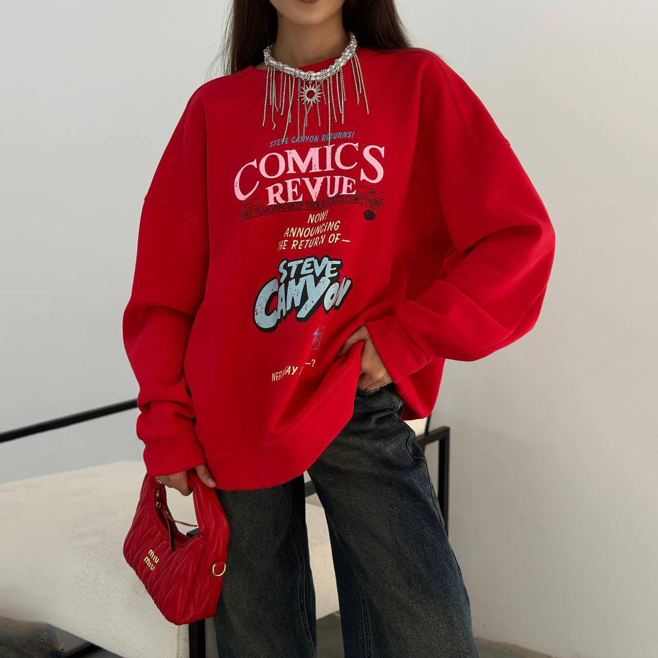 Damen Oversized Sweatshirt mit auffälligem Grafikdruck Stalluxe Rot