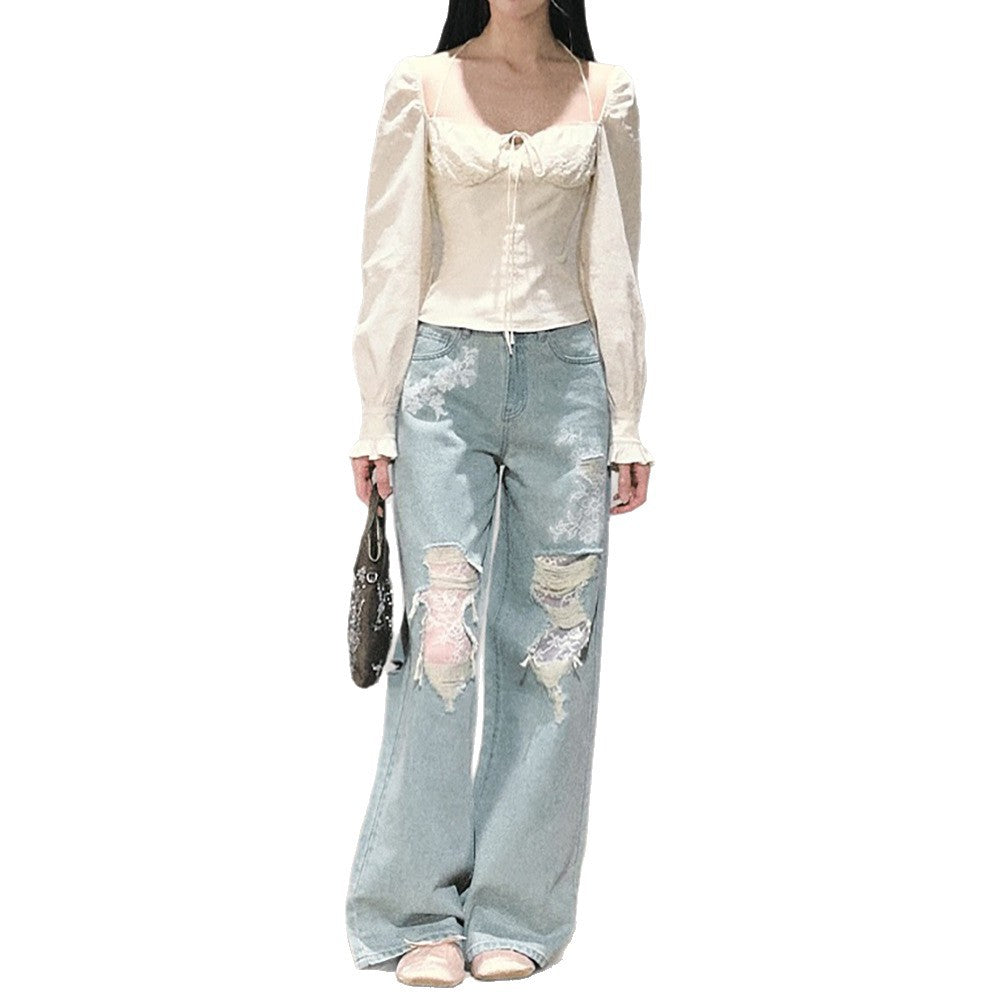 Damen Weit geschnittene Jeans mit individuellen Destroyed-Details und floralem Print Stalluxe
