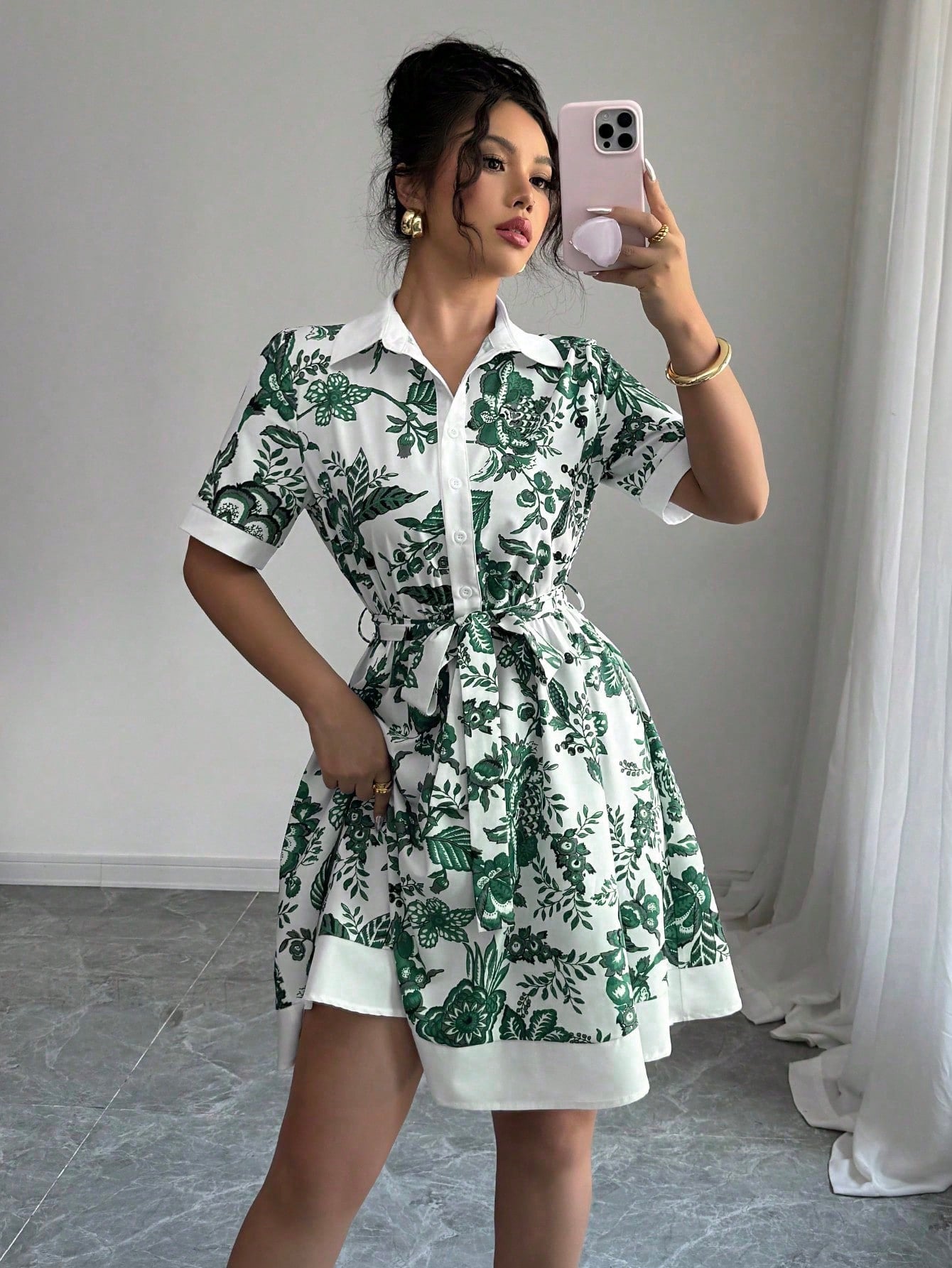 Damen Hemdblusenkleid mit floralem Muster und Taillengürtel Stalluxe