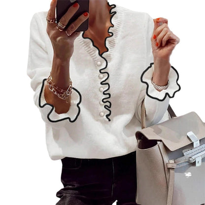 Damen Elegantes Sweatshirt mit Rüschendetails und Perlenknöpfen Stalluxe