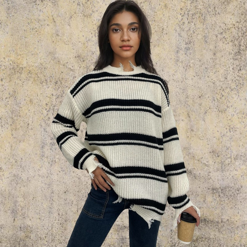 Damen Grob gestrickter Oversized Pullover mit Fransen und Querstreifen Stalluxe