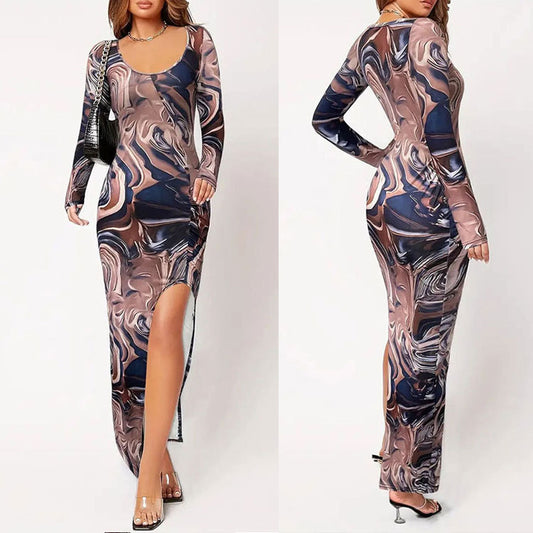 Damen Langarm Maxikleid mit Raffungen und elegantem Schlitz Stalluxe