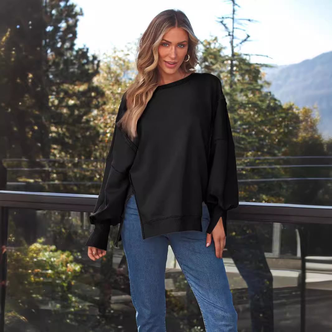 Damen Lässiger Oversize-Sweatshirt mit weitem Kragen und Seitenöffnungen Stalluxe