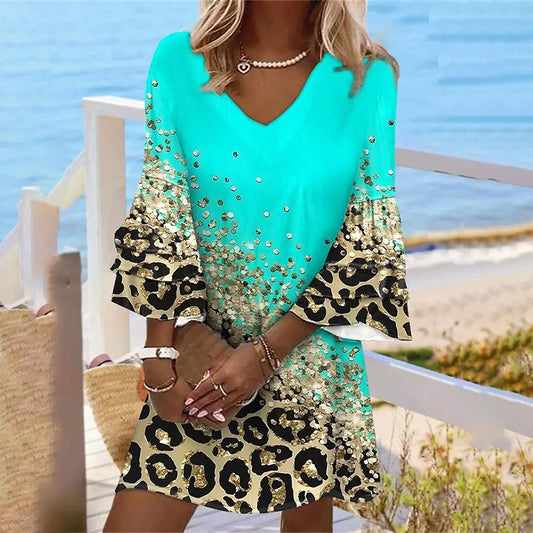 Damen Modisches Strandkleid mit funkelnden Details und Leopardenmuster Stalluxe
